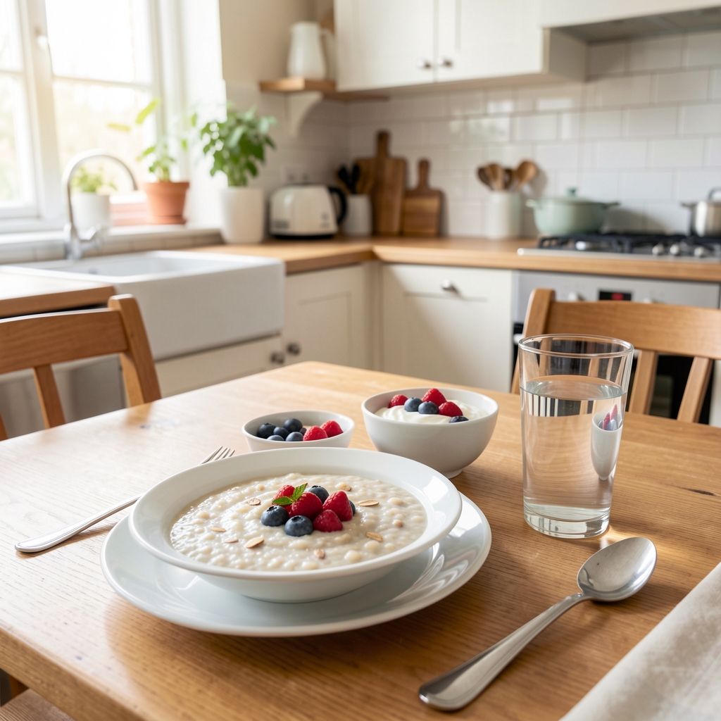 Bright breakfast table with porridge, yoghurt, berries and a glass of water in a calm home kitchen