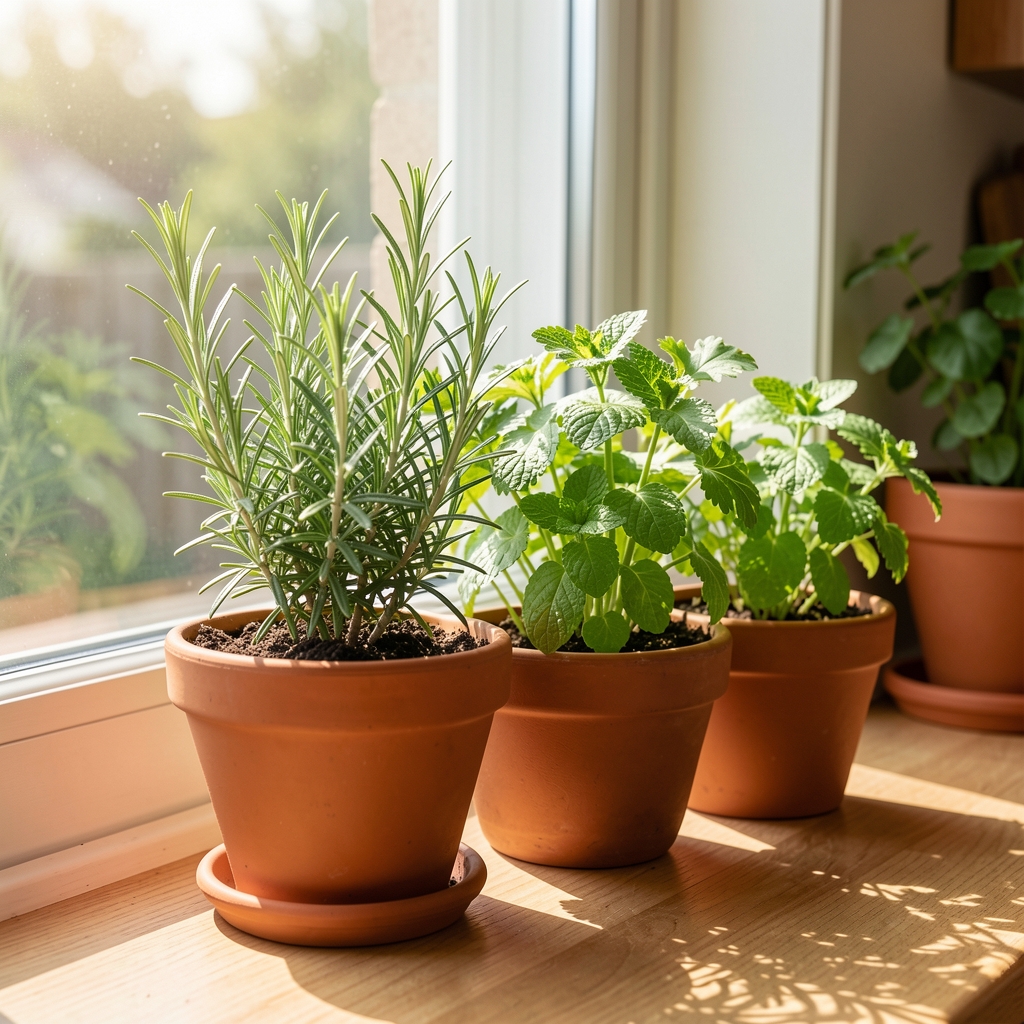 Small kitchen herb garden with rosemary, parsley and mint growing in terracotta pots beside a sunny window
