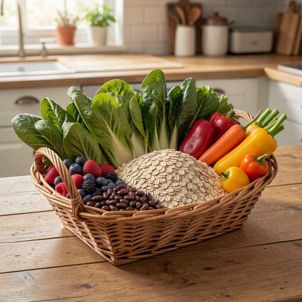 Seasonal British market basket filled with leafy greens, oats, berries, beans and colourful vegetables on a wooden kitchen table