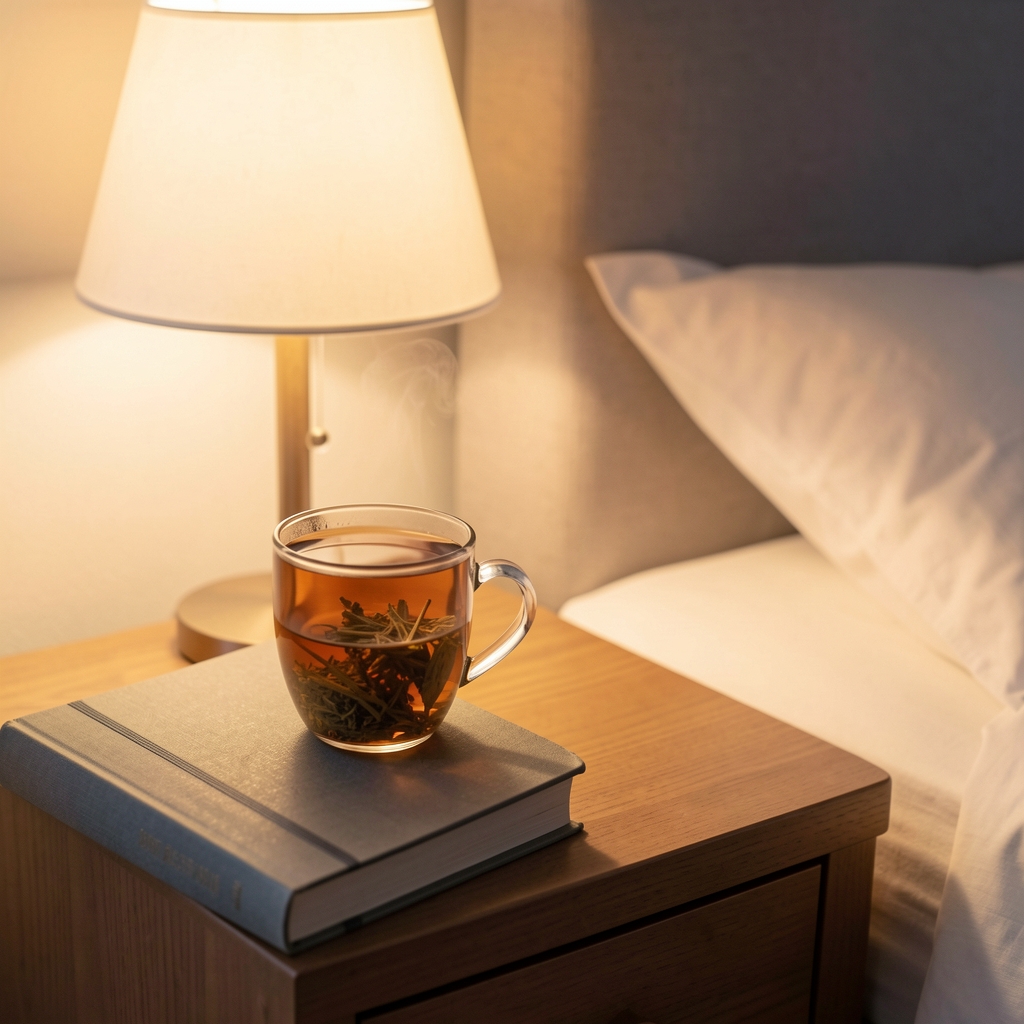 Warm cup of herbal tea beside a closed book and soft lamp on a calm evening bedside table