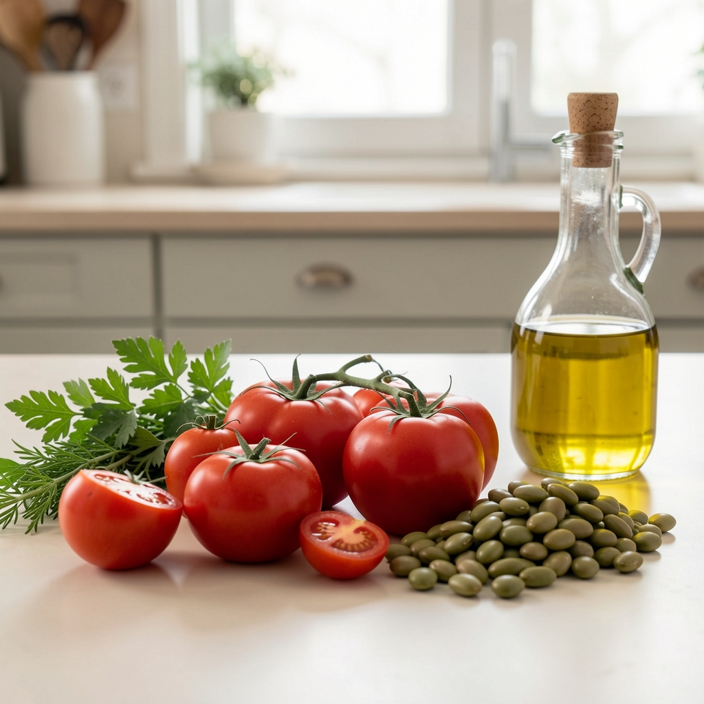 Fresh tomatoes, herbs, beans and olive oil arranged on a pale kitchen counter